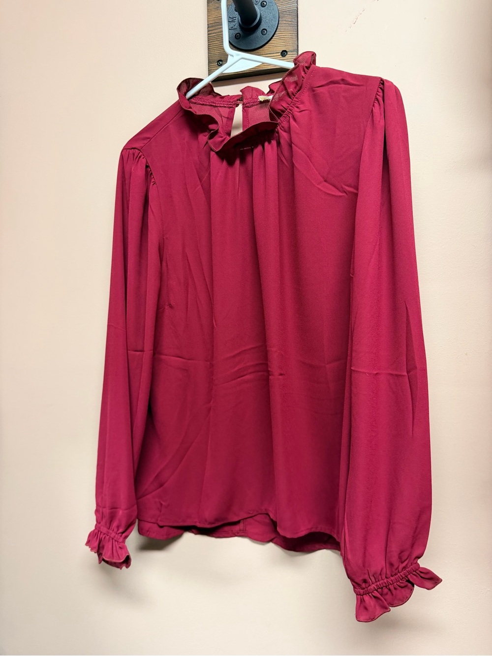 Main Strip Ruffle Neck Long-Sleeve Blouse - Wine Red